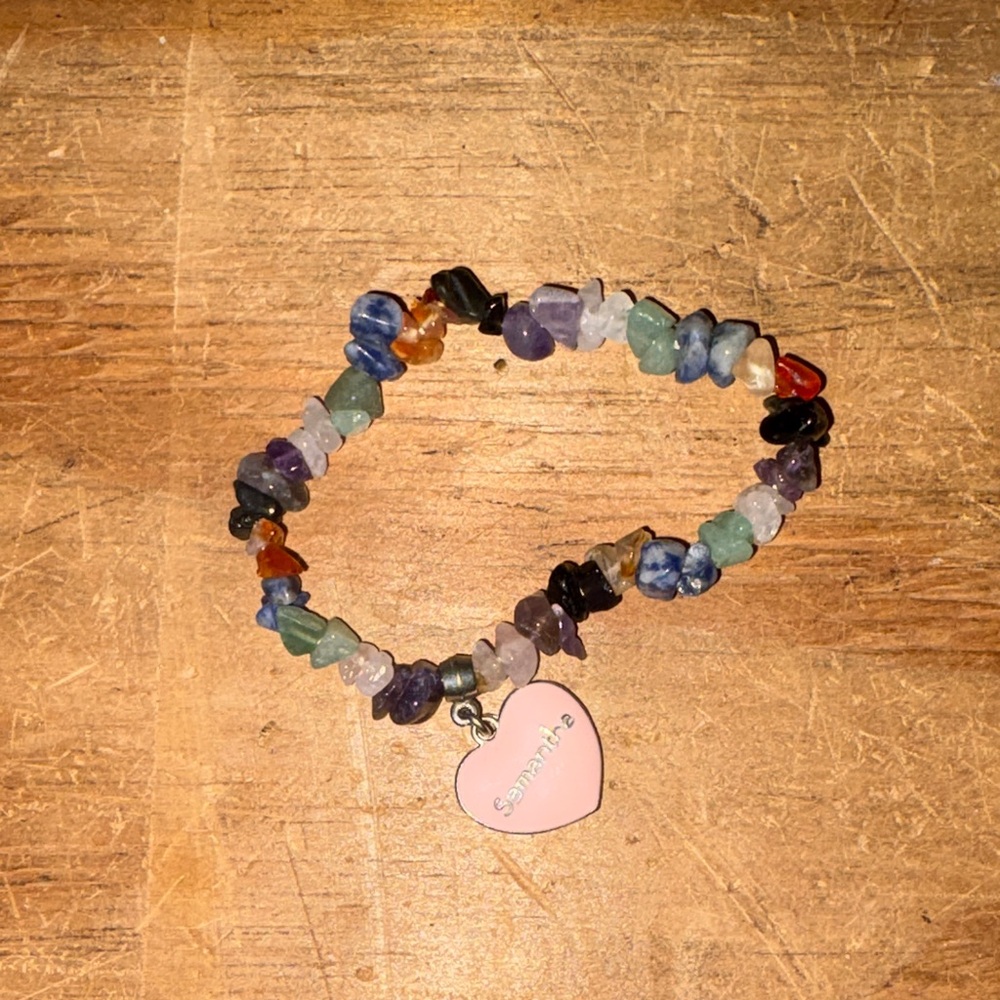 Multicolor Gemstone Chip Bracelet with Pink Heart Charm customization (samantha)